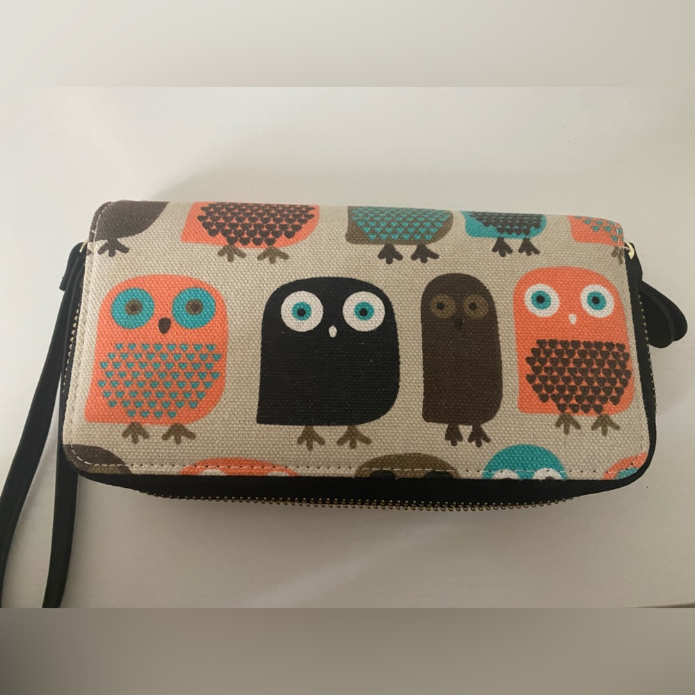 Colorful coral, teal, brown, white, black owl wallet
